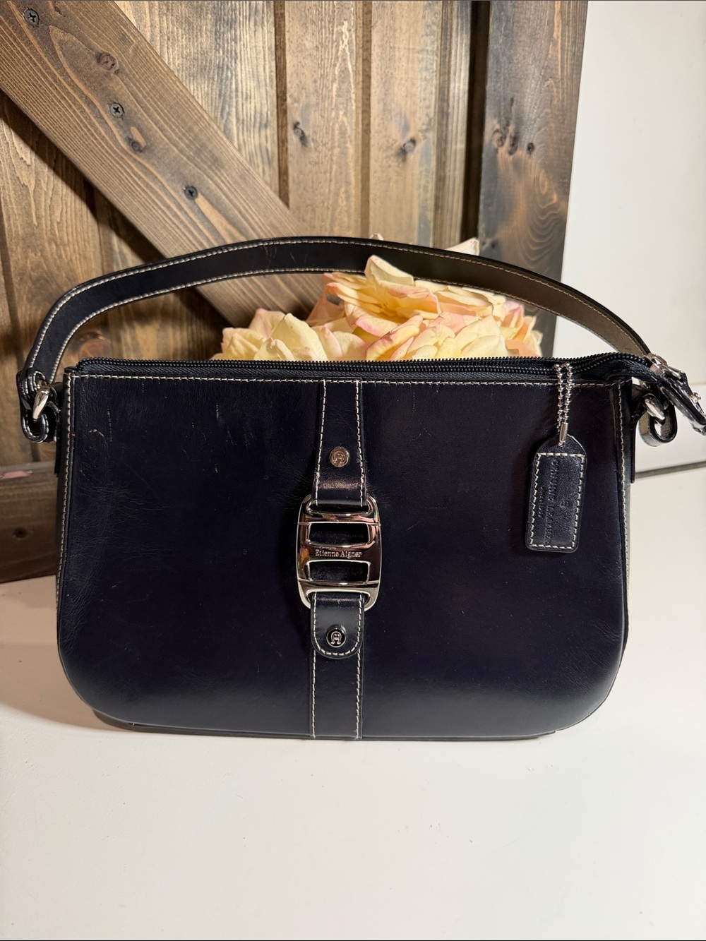 Etienne Aigner Black Leather Shoulder Bag with Silver Hardware